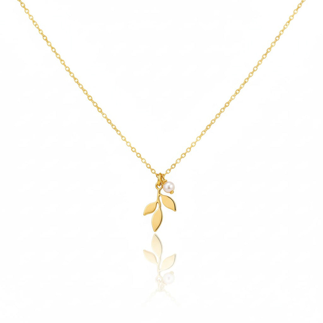 925 Sterling Silver Leaf Sprig Pendant Necklace with Pearl Accent