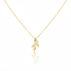925 Sterling Silver Leaf Sprig Pendant Necklace with Pearl Accent