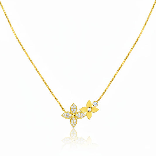 925 Sterling Silver Double Flower Pendant Necklace with Crystal Pave
