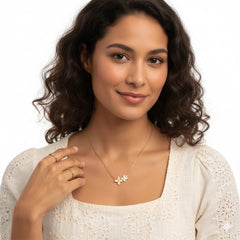 925 Sterling Silver Double Flower Pendant Necklace with Crystal Pave