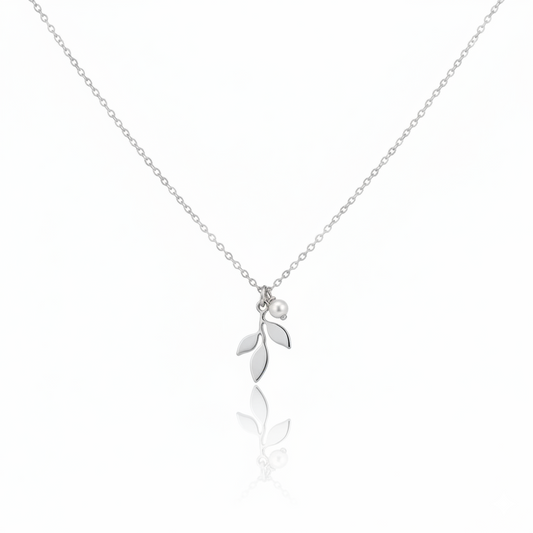 925 Sterling Silver Leaf Sprig Pendant Necklace with Pearl Accent