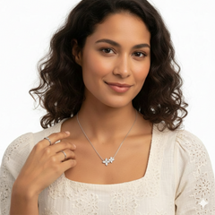 925 Sterling Silver Double Flower Pendant Necklace with Crystal Pave