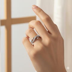 925 Sterling Silver Cat Ear Wave Ring with Crystal Pave