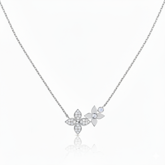 925 Sterling Silver Double Flower Pendant Necklace with Crystal Pave
