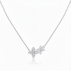 925 Sterling Silver Double Flower Pendant Necklace with Crystal Pave