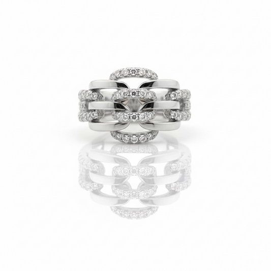 925 Sterling Silver Interlocked Chain Link Ring with Crystal Pave